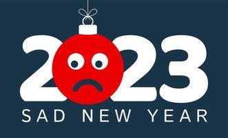 wenskaart voor het nieuwe jaar van 2023 met een droevig emoji-gezicht dat aan een draad hangt als een kerstspeelgoed, bal of snuisterij. nieuwjaar emotie concept vectorillustratie vector