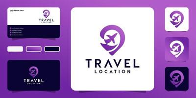 reislocatie logo ontwerp. locatie pin mark en vliegtuig symbool ontwerp en visitekaartje vector
