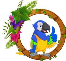 papegaai op rond houten frame met bloem vector