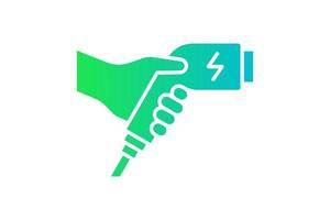 hand met elektrische oplader connector groen kleurverloop pictogram. elektrisch vervoer oplaadstekker symbool. eco-vriendelijk elektrisch voertuiglaadbord. vector batterij aangedreven ev transportstation logo