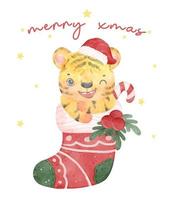 schattige vrolijke glimlach baby tijger in groene en rode feestelijke gebreide kerstsok aquarel, vrolijk kerstfeest, bos dierenkwekerij cartoon schilderij vector