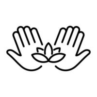 hand met lotus yoga lijn icoon. palm en bloem medische zorg schoonheid acupunctuur lineaire pictogram. esoterische meditatie overzicht icoon. medische massage. bewerkbare streek. geïsoleerde vectorillustratie. vector