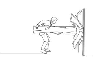 continue één lijntekening zakenman die een groot logboek vasthoudt en de deur vernietigt. overwin uitdagingen en vernietig obstakels met kracht en brute kracht. enkele lijn tekenen ontwerp vectorillustratie vector