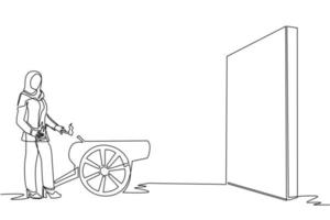 continue één lijntekening Arabische zakenvrouw ontsteekt kanon voor muur en wil vernietigen. een nieuw bedrijf starten door obstakels te vernietigen om het doel te bereiken. enkele lijn tekenen ontwerp vector