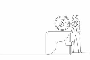 enkele één lijntekening zakenvrouw dollar munt in grote portemonnee. concept van directe betaling, contant betalen, geldoverdracht, persoonlijke financiële transactie. ononderbroken lijntekening ontwerp vector