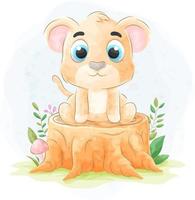 schattige doodle leeuw met aquarel illustratie vector