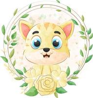 schattige kat en flora frame cartoon dier aquarel illustratie vector