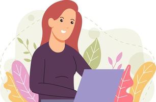 portret van een jonge vrouw die een laptop gebruikt vector