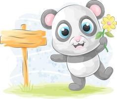 schattige panda met houten bord, aquarelillustratie vector