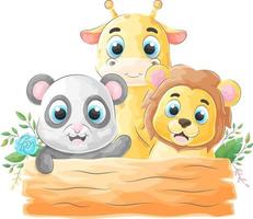 schattige dierenvrienden met houten bord, aquarelillustratie vector