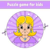 knippen en spelen. ronde puzzel. logische puzzel voor kinderen. activiteiten pagina. knipoefening voor de kleuterschool. stripfiguur. vector