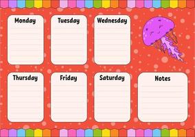schoolrooster. tijdschema voor schooljongens. lege sjabloon. weekplanner met notities. geïsoleerde kleur vectorillustratie. stripfiguur. vector