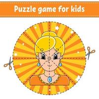 knippen en spelen. ronde puzzel. logische puzzel voor kinderen. activiteiten pagina. knipoefening voor de kleuterschool. stripfiguur. vector