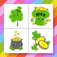 set stickers met schattige stripfiguren. hand getekend. kleurrijk pak. vectorillustratie. patch badges collectie voor kinderen. st. Patrick's dag. vector