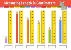 lengte meten in centimeter met liniaal. onderwijs ontwikkelen werkblad. spel voor kinderen. kleur activiteitenpagina. puzzel voor kinderen. schattig karakter. vectorillustratie. cartoon-stijl. vector