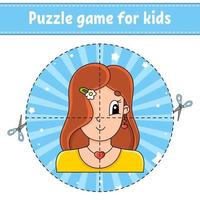 knippen en spelen. ronde puzzel. logische puzzel voor kinderen. activiteiten pagina. knipoefening voor de kleuterschool. stripfiguur. vector