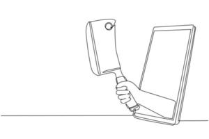 enkele een lijntekening hand houden vlees keuken hakmes, slagersmes via mobiele telefoon. mobiele kookspellen, entertainment-app voor smartphones. doorlopende lijn tekenen ontwerp vectorillustratie vector