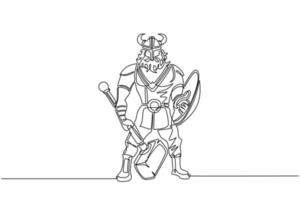 enkele een lijntekening man krijger viking in gehoornde helm met hamer en schild. stripfiguur man met wapen staande in oorlogvoerende pose. doorlopende lijn tekenen ontwerp vectorillustratie vector