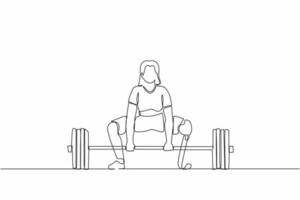 continu één lijntekening gehandicapte vrouwelijke atleet die gewichtheffen uitoefent. gehandicapte jonge vrouw training in de sportschool met barbell. handicap sportvrouw concept. enkele lijn ontwerp vectorafbeelding vector