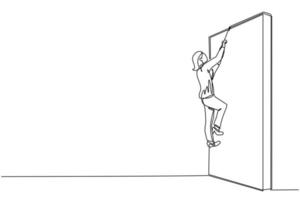 enkele een lijntekening zakelijke bepaling concept met zakenvrouw klimmen over muur met touw. ambitie, motivatie, loopbaangroei, succes, kracht. doorlopende lijn ontwerp grafische vector