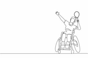 enkele een lijntekening badminton-speler zittend op een rolstoel met smash pose. gehandicapte sportvrouwen dragen uniform, geamputeerde vrouw sportcompetitie. ononderbroken lijntekening ontwerp grafische vector