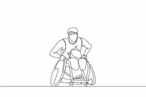 continu één lijntekening sportman speelt rugby op rolstoelsportcompetitie. gehandicapte rugbyspeler in rolstoel. atleet met een lichamelijke aandoening. enkele lijn tekenen ontwerp vectorafbeelding vector