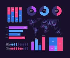 internationale business analytics infographic grafiek ontwerpsjabloon ingesteld voor donker thema. visuele gegevenspresentatie. bewerkbare staafdiagrammen en cirkelvormige diagrammenverzameling vector