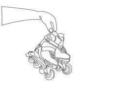 enkele één lijntekening speler hand houdt rollerblade. man hand met paar oude retro plastic inline skates schoenen. vintage klassieke extreme sport. doorlopende lijn tekenen ontwerp vectorillustratie vector