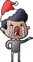 gradiëntcartoon van een huilende man met een kerstmuts vector