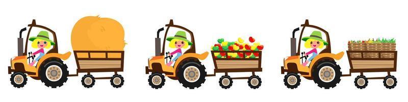 een jonge boer oogst producten van de boerderij en vervoert deze met een tractor. vector