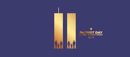 9 11 herdenkingsdag 11 september patriot dag nyc wereldhandelscentrum. we zullen nooit vergeten. gouden wc-concept. Gold World Trade Center met gelukkige familie wandelen vector