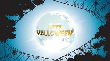 donkere halloween-achtergrond met maan op blauwe hemel, spinnen en vleermuizen, illustratie. flyer of uitnodigingssjabloon voor banner, feest, uitnodiging. vectorillustratie met plaats voor uw tekstkopieerruimte vector