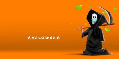 gelukkig halloween-wenskaartontwerp. enge schreeuw grim reaper met gezichtsmasker dat beschermt tegen coronavirus of covid-19