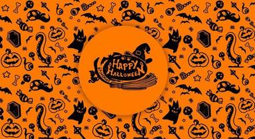 halloween oranje feestelijk naadloos patroon. eindeloze achtergronden met pompoenen, schedels, vleermuizen, spinnen, spoken, botten, snoepjes, spinnenwebben en nog veel meer. vector