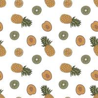 naadloos patroon met handgetekende ananas, stukjes sinaasappel, kiwi en perzik. vruchten afdrukken. vector