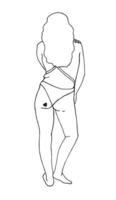 eenvoudige lijntekening. silhouet van een plus size meisje in een bikini. tattoo hart op de paus. uitzicht vanaf de achterkant. feminisme, lichaam positief. postpartum vrouw vector