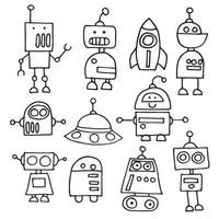 vector tekening in doodle stijl. set van schattige robots. lijntekening voor kinderen. grappige robots