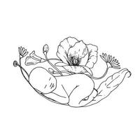 vectorillustratie, baby slaapt in bloemen. een klein kind slaapt omringd door felle kleuren. symbool van moederschap, zwangerschap, bevalling, borstvoeding. natuurlijk vector