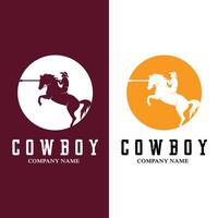 cowboy man rijdt paard krachtig silhouet bij zonsondergang, pictogram logo ontwerp vector