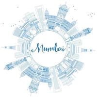 schets de skyline van Mumbai met blauwe oriëntatiepunten. vector