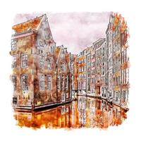 amsterdam centrum noord holland aquarel schets hand getekende illustratie