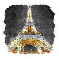 nacht eiffeltoren parijs frankrijk aquarel schets hand getekende illustratie