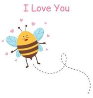 cartoon bij die op een gestippelde route vliegt. ik houd van je. lief bijenkarakter. wenskaart voor Valentijnsdag en feestdagen. vector