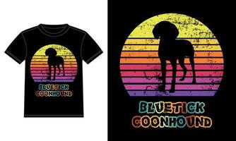 grappige bluetick coonhound retro vintage zonsondergang t-shirt ontwerpsjabloon, bluetick coonhound aan boord, autoruit sticker, pod, dekking, geïsoleerde witte achtergrond, silhouet cadeau voor bluetick minnaar vector