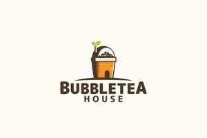 bubble tea house-logo met een combinatie van een huis, bubble tea, beker en blad. vector