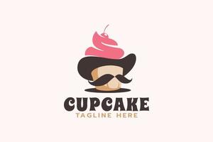 Dhr. cupcake-logo met een combinatie van een hoed, snor en cupcake. vector