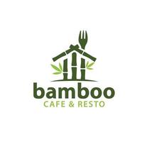 eenvoudig bamboe-logo met lepel, vork en huis voor eet- en drinkgelegenheden, café, restaurant, enz. vector