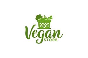 veganistisch winkellogo met een mand en groenten voor elk bedrijf, vooral voor de detailhandel, biologische winkel, groothandel, veganistische winkel, boodschappen, biologische winkel, enz. vector