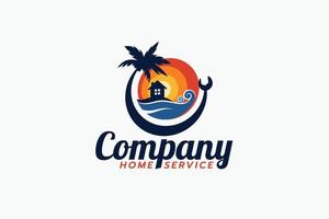 strand home service-logo met uitzicht op de zonsondergang, strand en moersleutel. vector