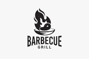 print barbecue-logosjabloon in vintage stijl met bbq-logotype en vuur. vector